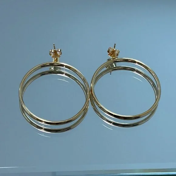 New Signed Milor Bronze Italy Gold Front Drop CIrcle Hoop Pierced Earrings - Picture 4 of 7